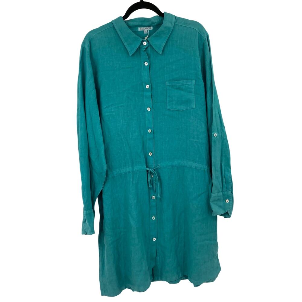 Russ Berens Linen Teal Abalone Buttons Shirt MIDI Dress Cinch Women’s XL NEW